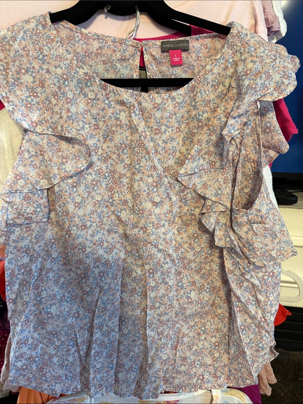 Vince Camuto Pink and Blue Floral Ruffle Blouse